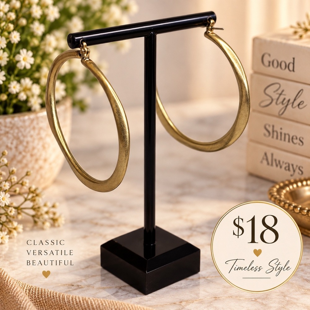 Large Gold Tone Hoop Earrings Tapered Flat Brushed Finish Latch Back Jewelry